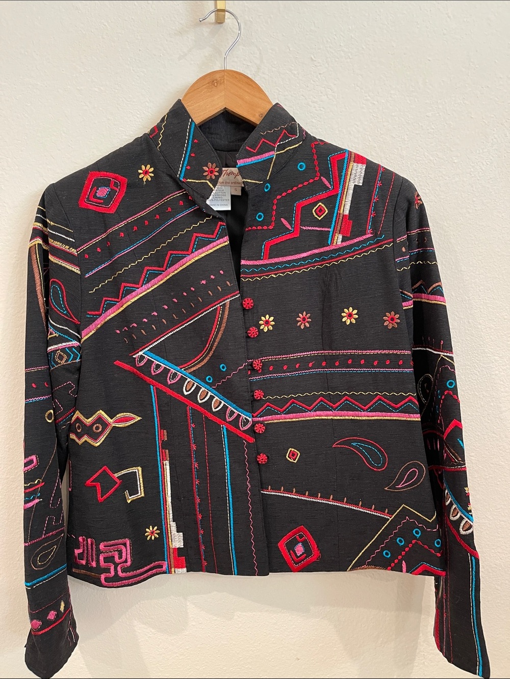 Vintage Norm Thompson sz S embroidered Geometric Pattern Black Jacket